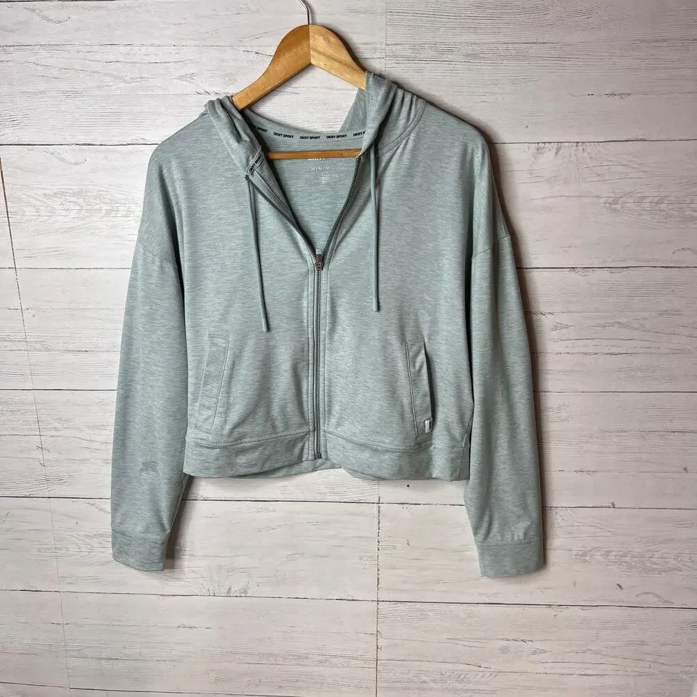 DKNY Sport Hoodie Womens Size Medium Light Teal Full Zip Jacket Stretch Comfort